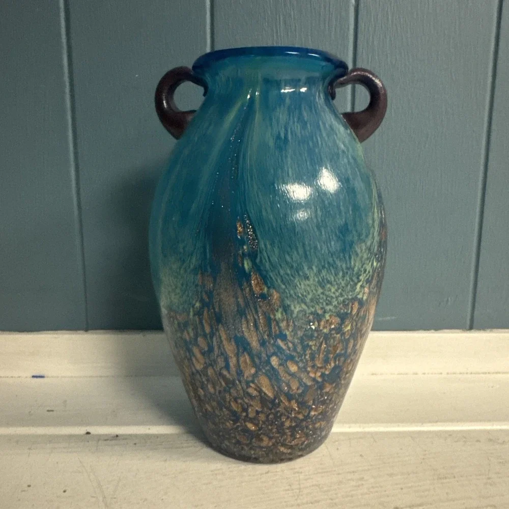 Pier 1 Imports ‎ Art Glass Milano Amphora Teal Blue Gold 8
